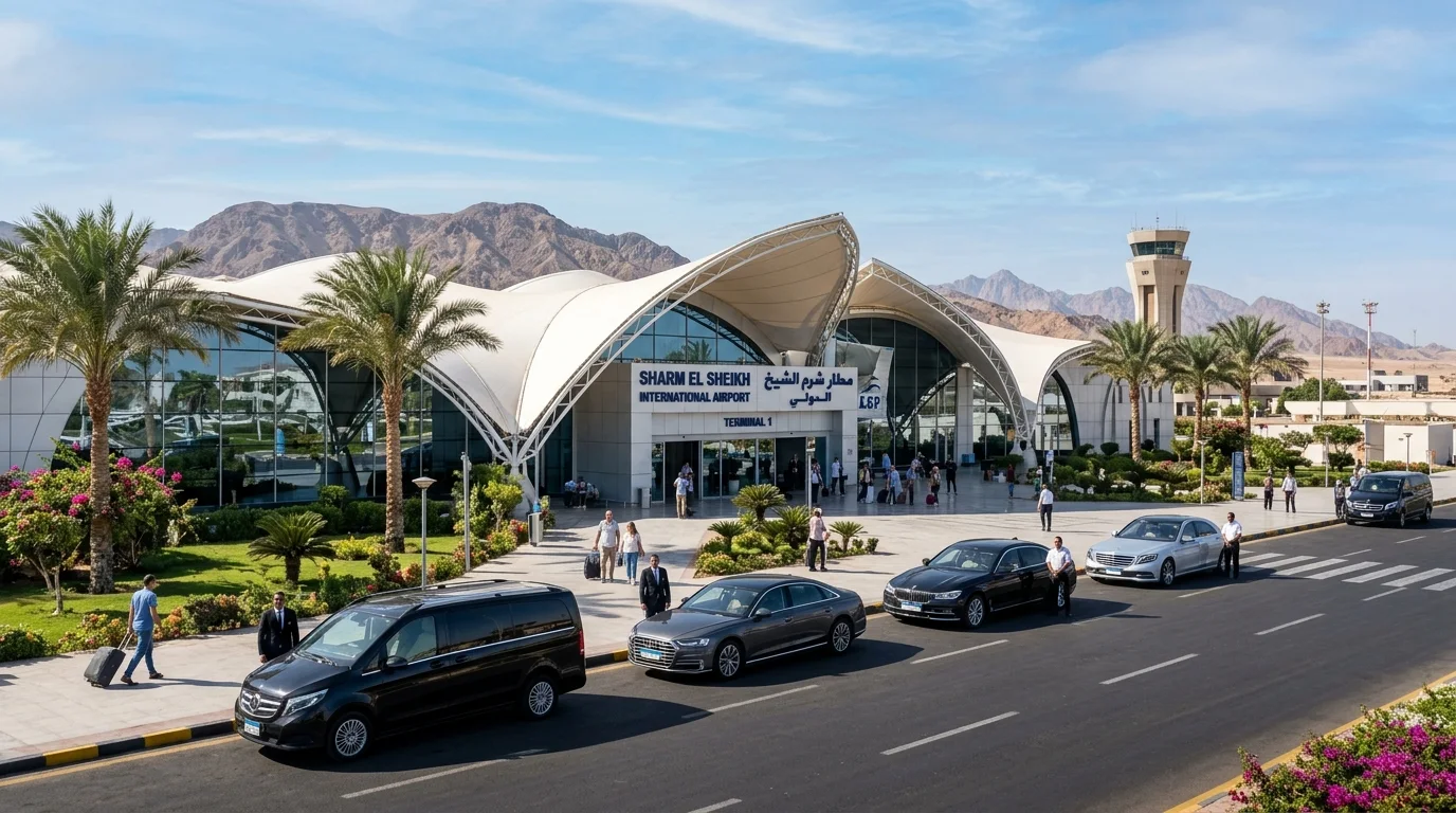 Sharm El Sheikh Airport terminal building and Red Sea palm trees